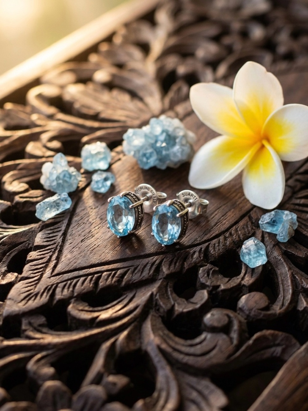 Signed Suarti Bali 925 Sterling Silver Oval Blue Topaz Stud Earrings Oxidized